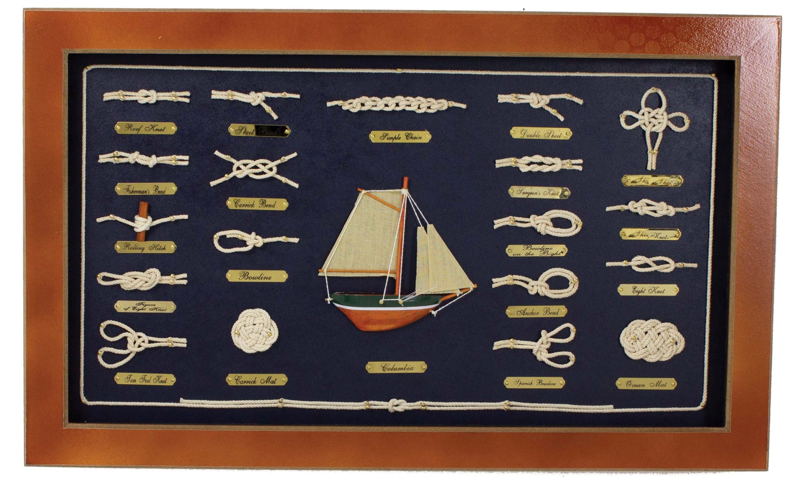 Picture of a framed poster of a knotboard. Displays an old fashioned sailboat at center and pictures of different types of nautical knots around the outside in five columns. 